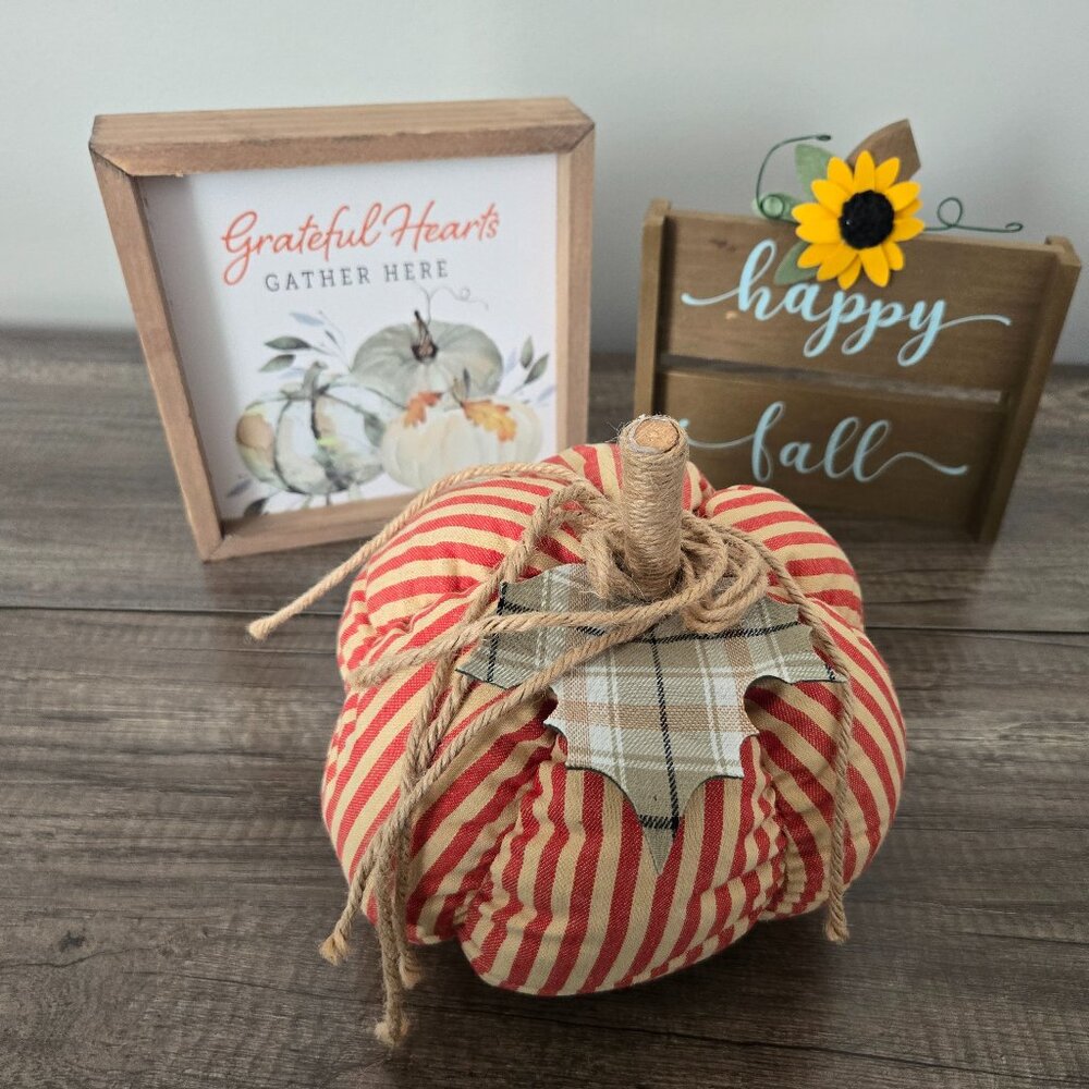 🍂 Rustic Fall Decor Bundle | Farmhouse Sign & Striped Fabric Pumpkin Set